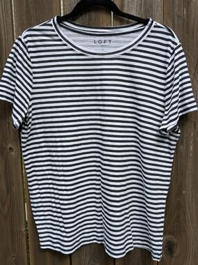 LOFT Women's Black and White Striped Short Sleeve Crew Tee